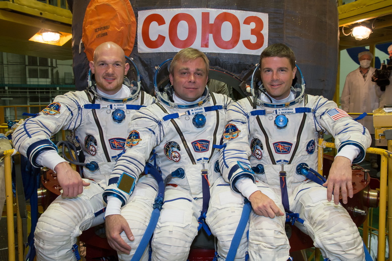 13-04-23_At the Baikonur Cosmodrome in Kazakhstan, Expedition 40_41 Flight Engineer Alexander Gerst of the European Space Agency (left), Soyuz Commander Max Suraev of the Russian Federal Space Agency (Roscosmos,_o.jpg